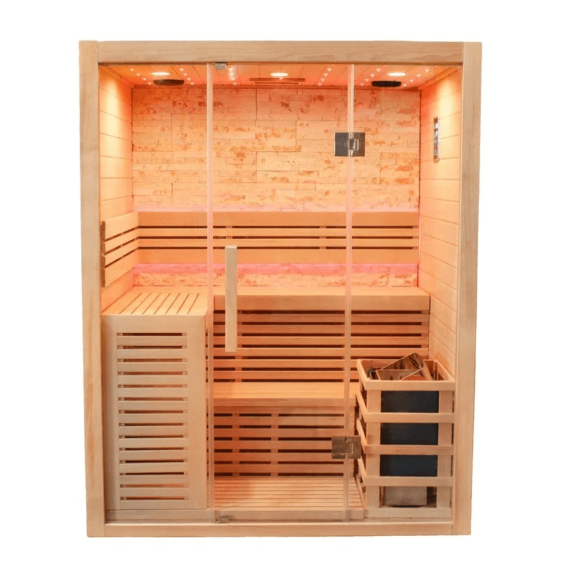 CenturaHeat Traditional Steam Indoor Sauna - 3 - 4 Person Front View with Lights