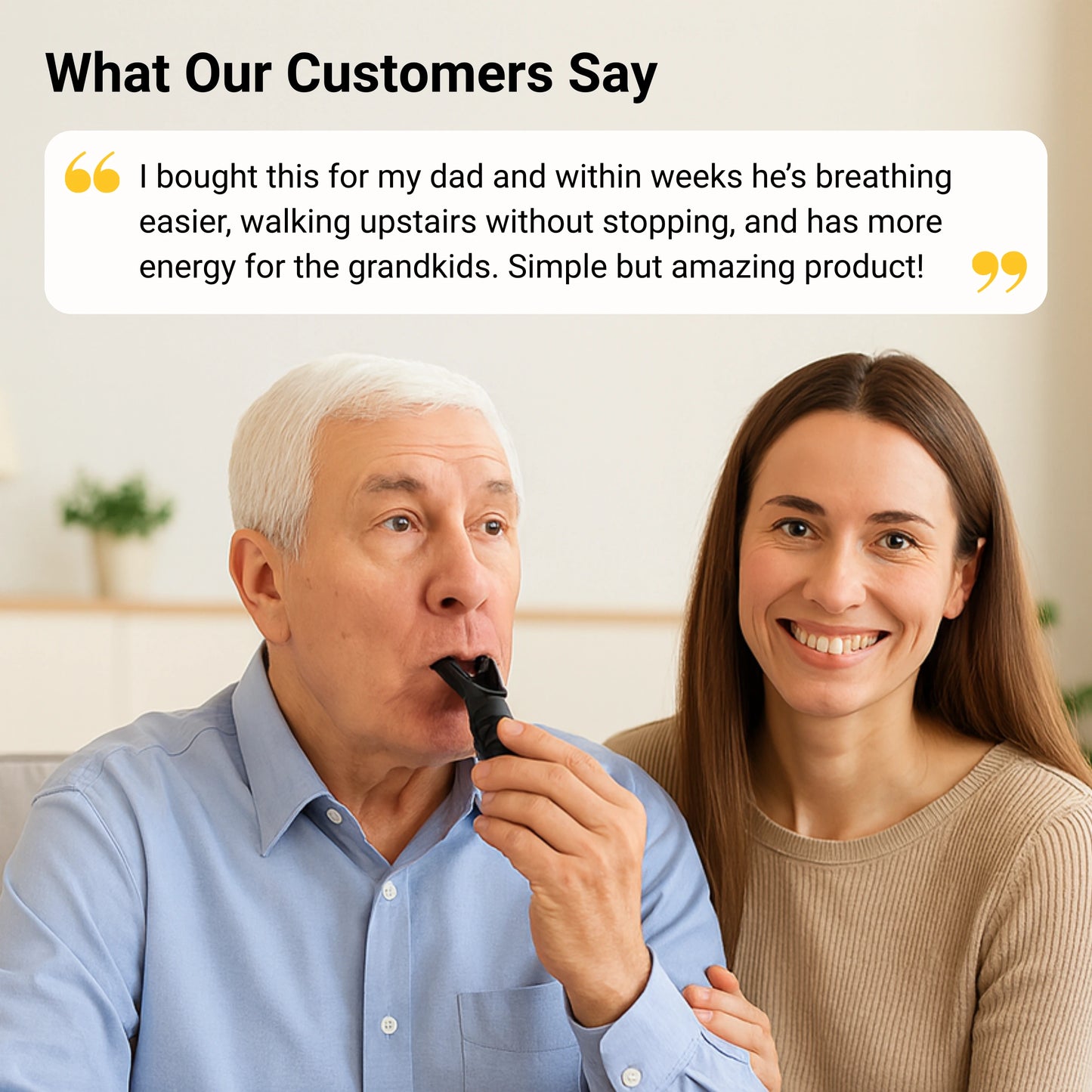 Man using a product with a woman smiling, text about customer satisfaction.