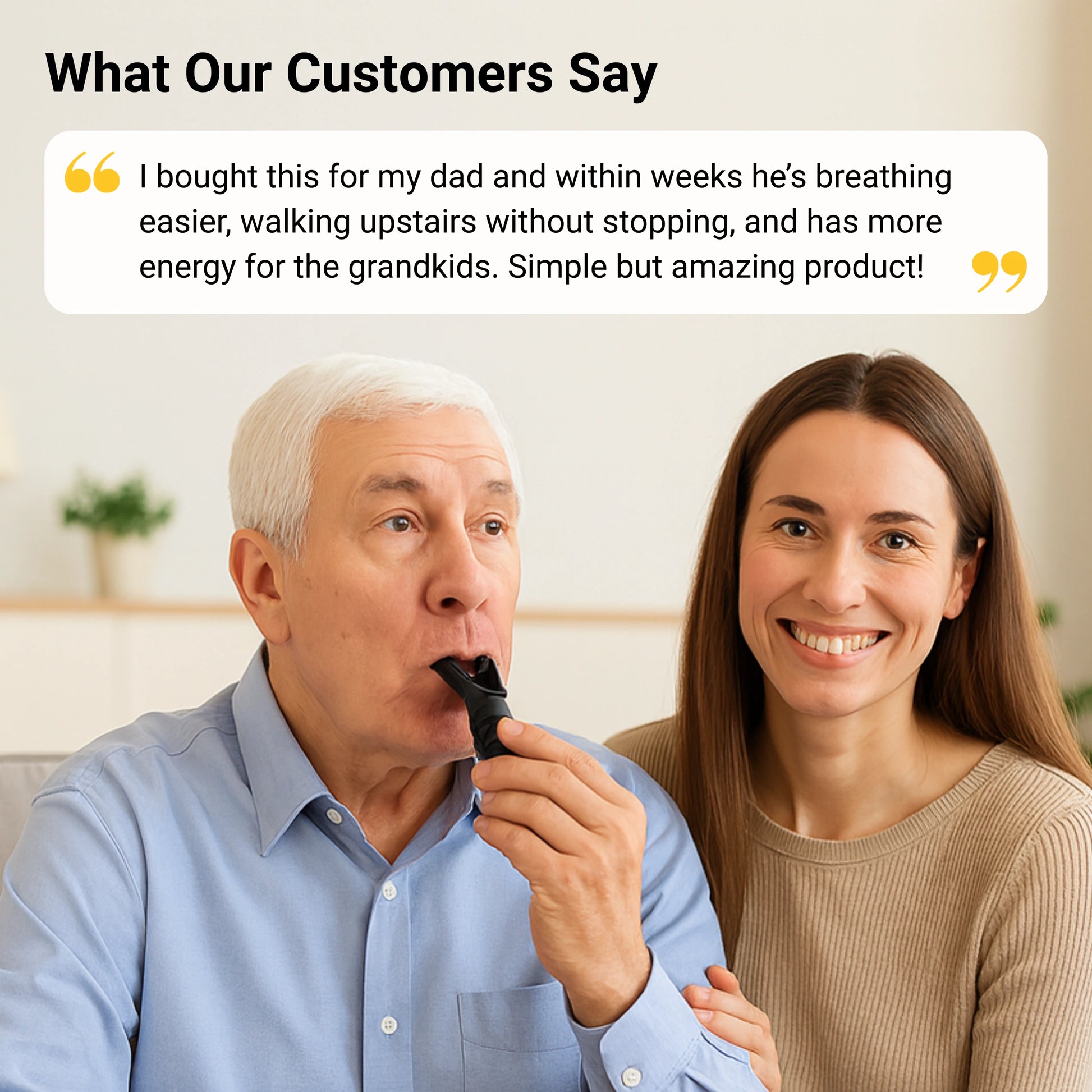 Man using a product with a woman smiling, text about customer satisfaction.